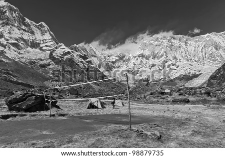 Volleyball playground near Annapurna base camp (black and white) - Nepal, Himalayas