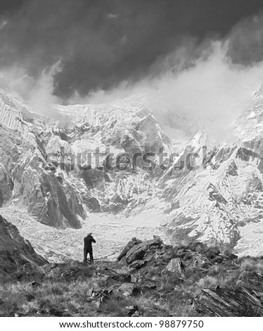 General view of Annapurna circus from the base camp (black and white) - Nepal, Himalayas