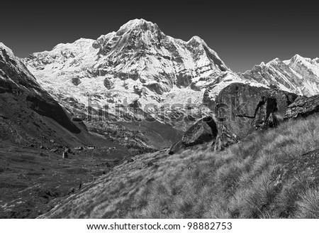 General view of Annapurna South and base camp (black and white) - Nepal, Himalayas