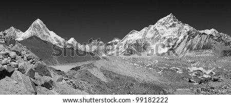 Panoramic view of the Mt. Everest region near Gorak Shep (black and white) - Nepal, Himalayas