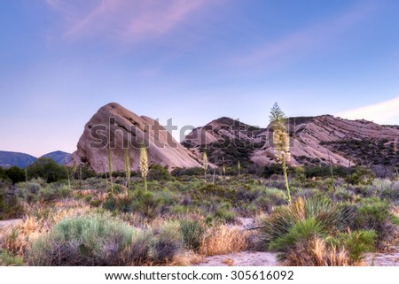 The Mormon Rocks, also called Rock Candy Mountains; part of the San Gabriel Mountains near Wrightwood, California, in twilight.