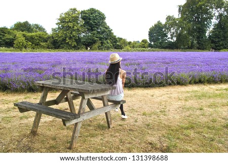 Girl sitting  on the bench in lavender field