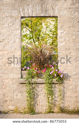 Rustic Stone Window with Flowers in Flower box