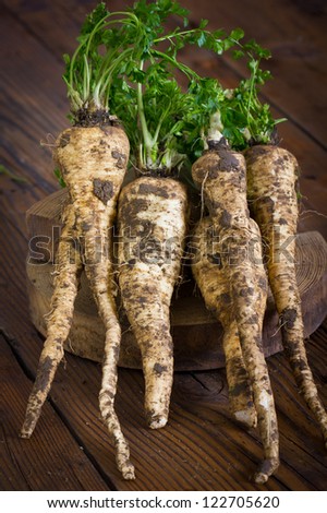 Parsley root on the wooden table
