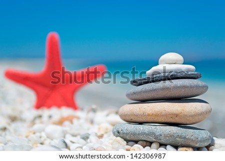 stone pile and red seastar on the beach