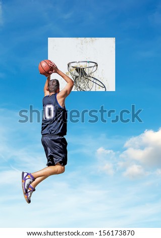 basketball player dunking with a sky in the background