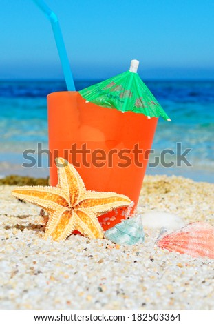 orange drink with starfish and shell by a tropical beach