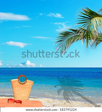 palm shadow, straw bag and beach towel by a tropical shore