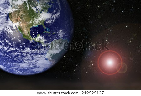 bright sun and planet earth in the space. Elements of this image furnished by NASA