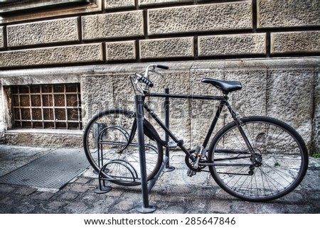 bicycle in a bike rack in Bologna, Italy
