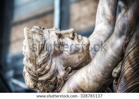 Ecuba crying in Ratto di Polissena statue in Loggia de Lanzi, Italy