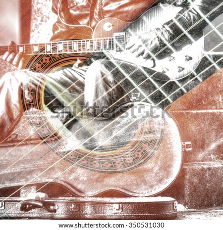 double exposure of a guitar player with an open guitar case in hdr