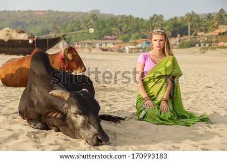 Woman in a traditional sari sitting near sacred wild cows. India, state Goa