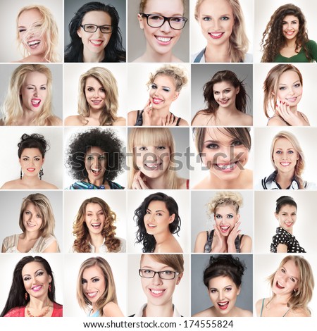 Digital composite of faces different happy smiling young people
