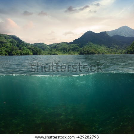 Sea landscape design template with underwater part and coast mountain splitted by waterline