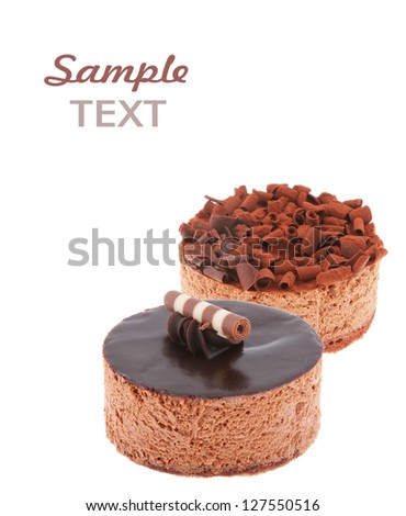 chocolate cake with sample text  (easy removable text) isolated on white background