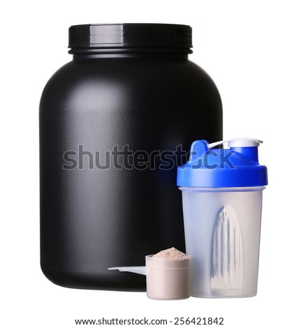A big tub of whey protein with shaker and cup of protein powder for bodybuilding isolated on white background