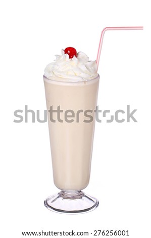 milk shakes vanilla flavor with cherry and whipped cream isolated on white background