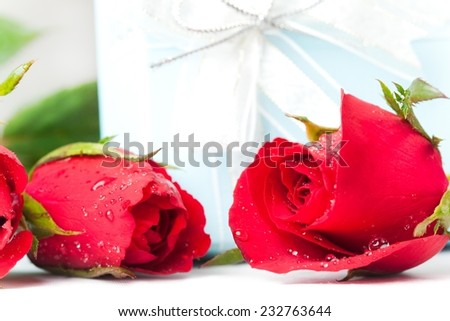 Close up of three roses covered with dew and a present