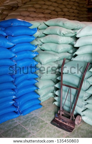 Mass of rice bags stored in warehouse