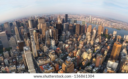 Looking down at New York City, View of north east Manhattan, East River, Roosevelt Island and far far away - Wide Angle