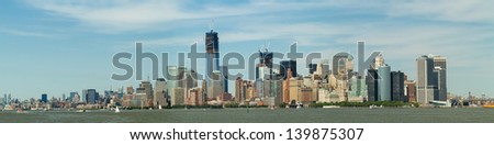 View of Manhattan Financial District Panorama, Picture taken from a boat, wide angle