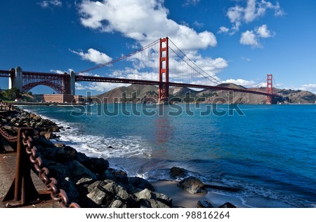 Golden Gate Bridge, 1937. Bridge main span 1,280.2 m. The total length of the Golden Gate Bridge, including approaches 2,737 m.