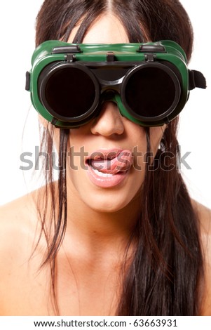 stock photo Attractive brunette girl in dark glasses lick one's lips