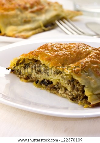 meat pie in the form of lasagna on a plate