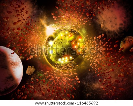 Abstract planet space with asteroids condense to new planet.