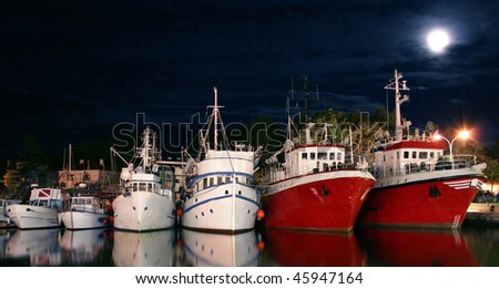 Fishing boats in harbor at the moonlight with free space for text