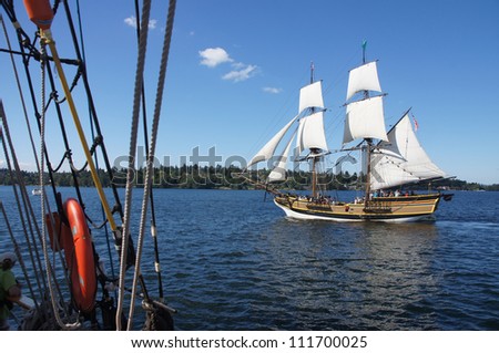 KIRKLAND, WASHINGTON - AUG 31 - The wooden brig, Lady Washington, sails on Lake Washington   as part of Labor Day festivities on Aug 31, 2012 near Kirkland , Washington.
