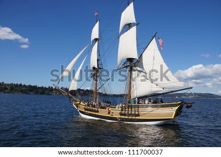 KIRKLAND, WASHINGTON - AUG 31 - The wooden brig, Lady Washington, sails on Lake Washington   as part of Labor Day festivities on Aug 31, 2012 near Kirkland , Washington.