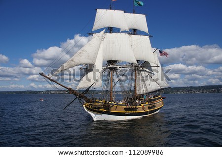 KIRKLAND, WASHINGTON - AUG 31 : The wooden brig, Lady Washington, sails on Lake Washington   as part of Labor Day festivities on Aug 31, 2012 near Kirkland , Washington.