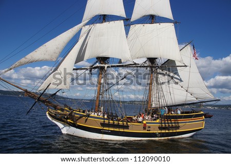 KIRKLAND, WASHINGTON - AUG 31:The wooden brig, Lady Washington, sails on Lake Washington   as part of Labor Day festivities on Aug 31, 2012 near Kirkland , Washington.