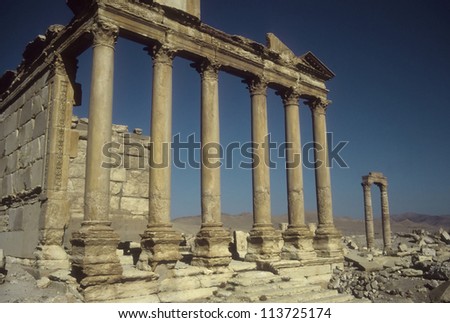 Ruined columns in the ancient city  of Palmyra, Syria, Middle East