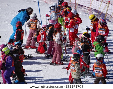 AVORIAZ, FRANCE - MAR 3 - French children form ski school groups during the annual winter school holiday on Mar 3, 2013 in Avoriaz, France.