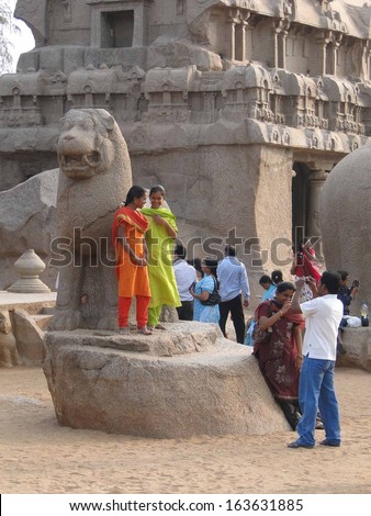 KANCHIPURAM, INDIA - Nov 28 - Indian tourists explore ancient temples of the Five Rathas  on Nov 28, 2009 in Kanchipuram, India