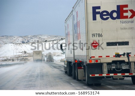 EASTERN OREGON 13 DEC 2008 - Heavy trucks speeding on icy freeway,   Oregon, Pacific Northwest