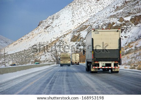 EASTERN OREGON - DEC 13 - Heavy trucks speeding on icy freeway  on Dec 13, 2008 in Eastern Oregon