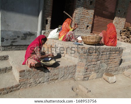 RAJASTHAN, INDIA - DEC 4 -Indian women thrash and sort grain on Dec 4, 2009, in Rajasthan, India