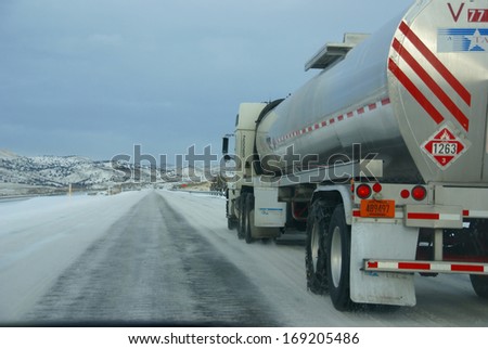 Eastern Oregon - Dec 13, 2008 - Heavy Trucks Speeding On Icy Freeway, Oregon, Pacific Northwest