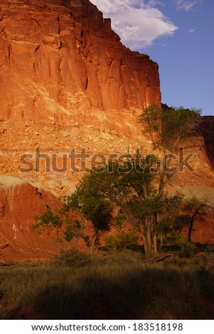 Golden Throne, dramatic backlighting for sedimentary rock of red Navajo sandstone,Capitol Reef National Park, Utah
