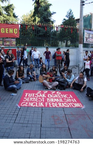 ISTANBUL - MAY 18, 2014 -  Demonstration to protest the jailing of student activists in Galatasaray near Taksim Square  in Istanbul, Turkey