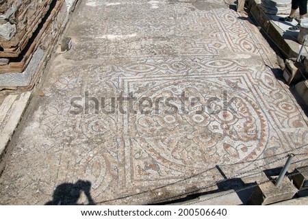 Detail of geometric mosaic walk in front of small shops  from ancient Greek and Roman city of  Ephesus,  Turkey