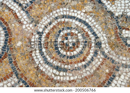 Detail of geometric mosaic walk in front of small shops  from ancient Greek and Roman city of  Ephesus,  Turkey