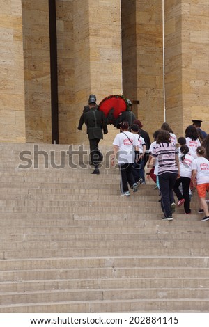 ANKARA, TURKEY - MAY 21, 2014 -  School children on a field trip to lay a wreath at the  Ataturk Mausoleum,  Ankara, Turkey