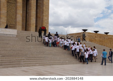ANKARA, TURKEY - MAY 21, 2014 -  School children on a field trip to lay a wreath at the  Ataturk Mausoleum,  Ankara, Turkey