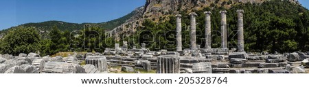 Panorama, remaining columns of the ancient Greek agora in  Priene,  Turkey