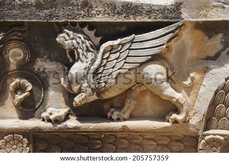 Griffin sculptures, winged mythical creature,  at Didyma,  Turkey